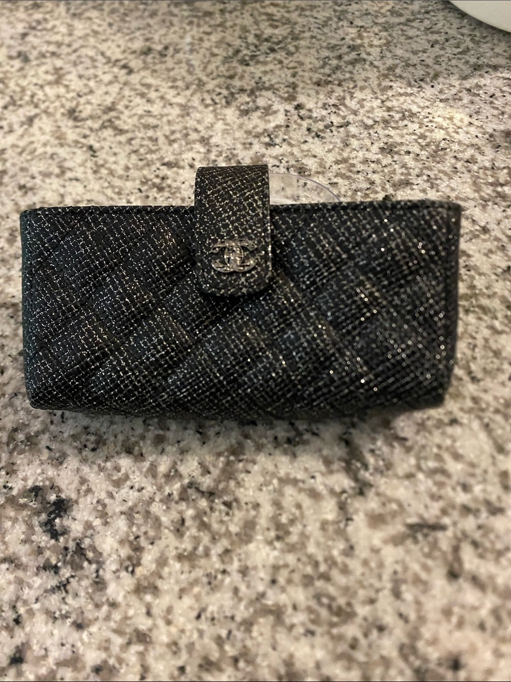 CHANEL Black Glitter Quilted Snap Wallet